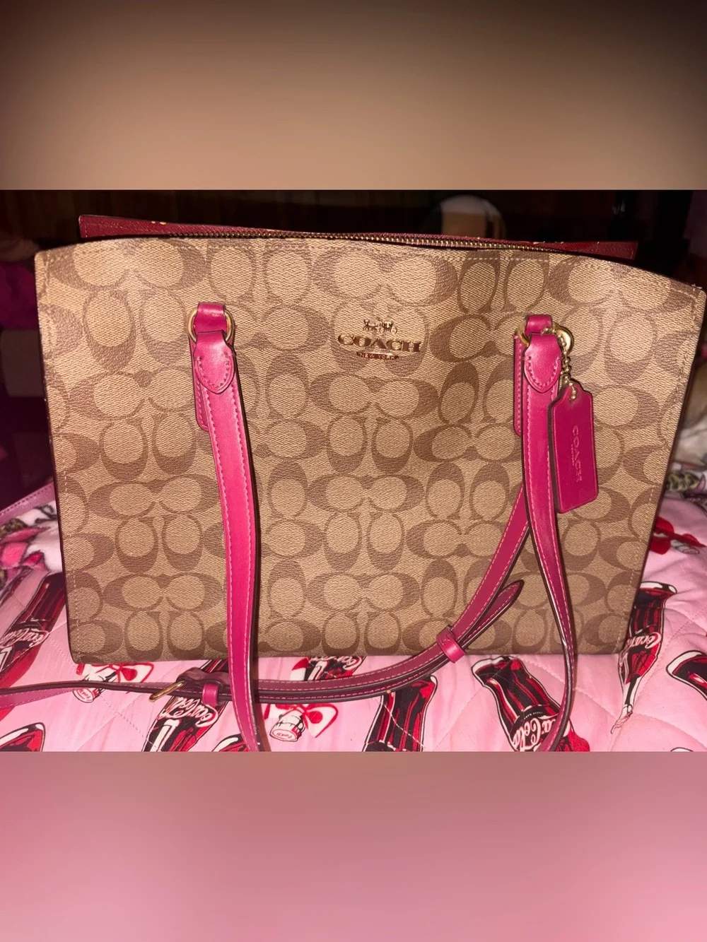 Coach Beige Signature Canvas Tote with Pink Leather Trim